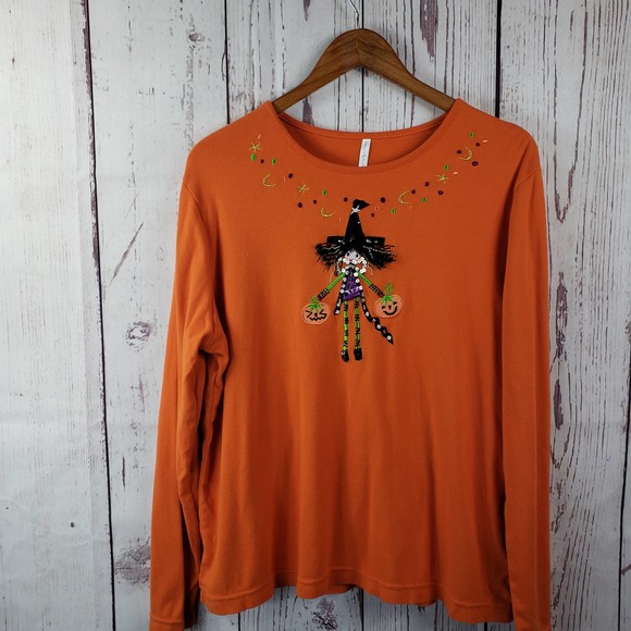 White Stag Halloween Witch T Shirt Womens Size XL Long Sleeve Sequin Orange - Picture 2 of 6
